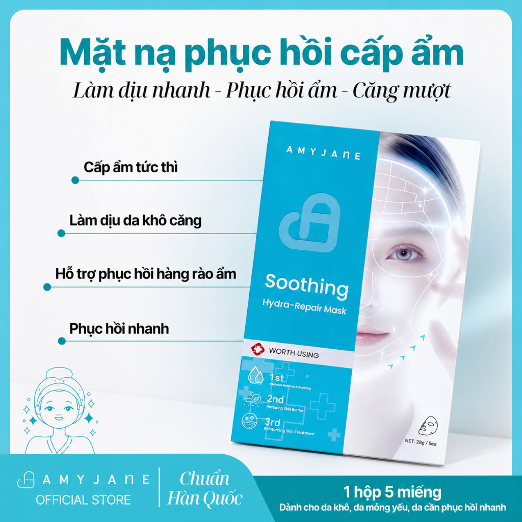 AMYJANE Mặt Nạ Giấy Soothing Hydra-Repair Ceramide Cấp Ẩm Làm Dịu Phục Hồi Hàng Rào Ẩm Cho Da Nhạy Cảm Chính Hãng 30mlx5