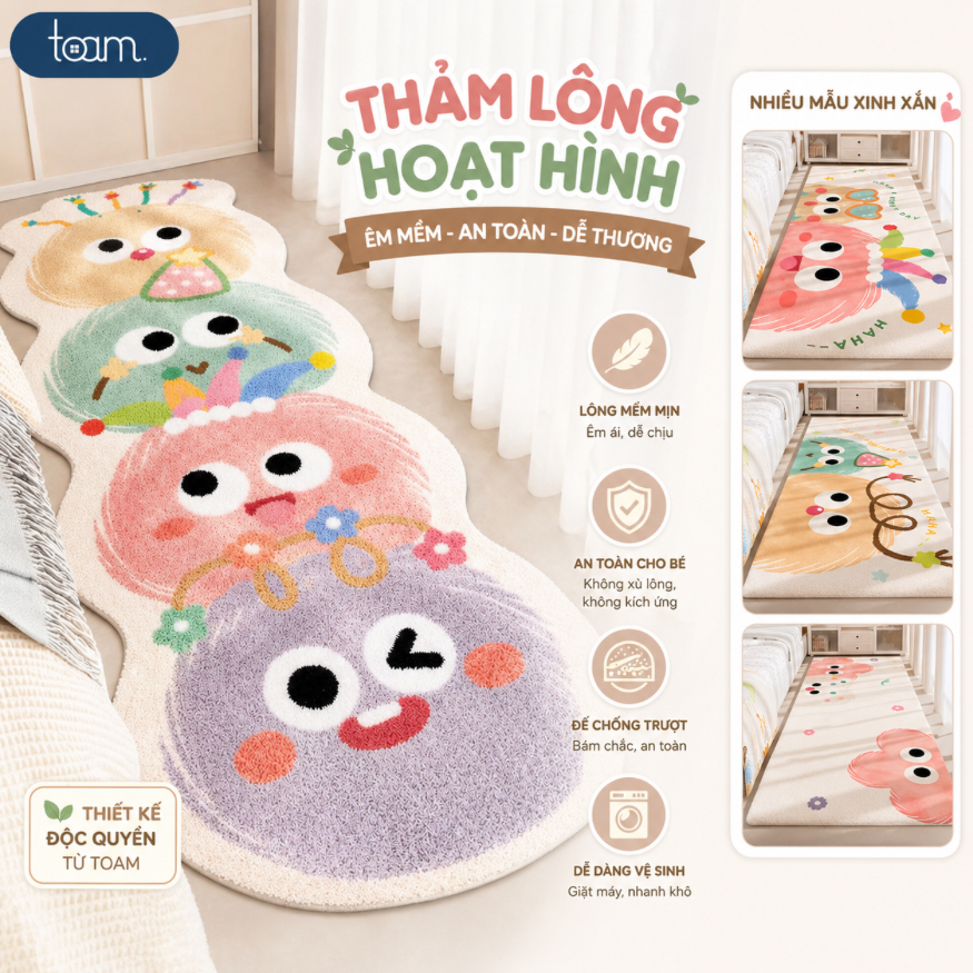 Thảm Trải Sàn Cashmere Len Lông Cừu Mềm Mại, Thảm Dài Chùi Chân Hoạt Hình Siêu Thấm Hút Decor Phòng Ngủ
