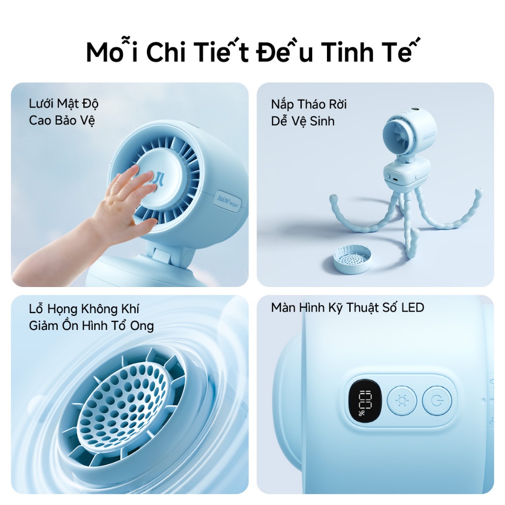 Quạt xe đẩy JisuLife 4, quạt kẹp, màn hình LED, pin sạc, đèn ngủ, an toàn cho bé, dùng ngoài trời, để bàn, cũi