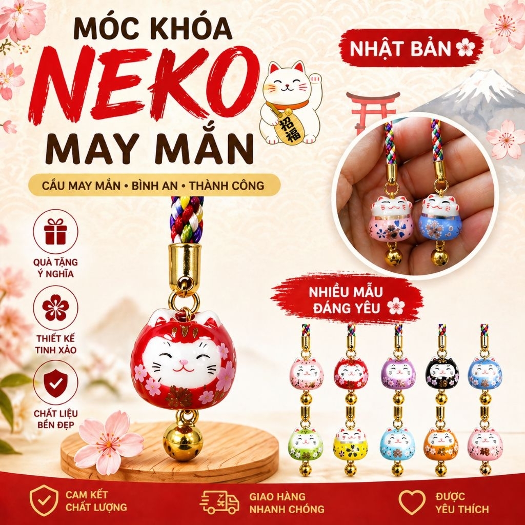 [QUÀ TẶNG NHẬT MAY MẮN]Móc Khóa điện thoại Mèo Mini dây treo ngũ sắc Nhật