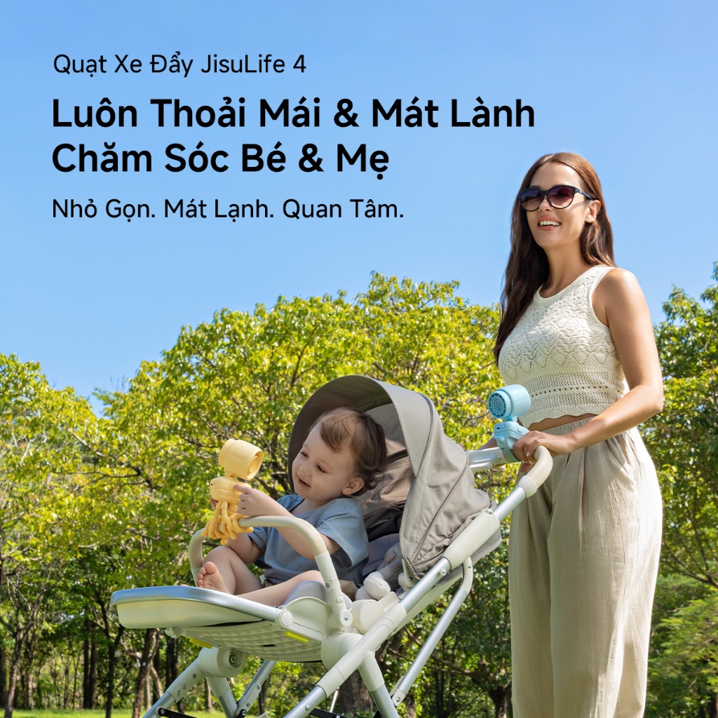 Quạt xe đẩy JisuLife 4, quạt kẹp, màn hình LED, pin sạc, đèn ngủ, an toàn cho bé, dùng ngoài trời, để bàn, cũi