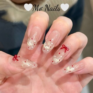 (Tặng hộp,keo) Nail Box Thiết Kế Móng Úp, Mong Giả Mắt Mèo Kim Cương Vàng Charm Nơ Đỏ Sang Chảnh Dễ Thương M52