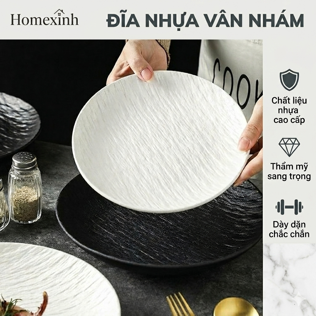 Đĩa nhựa vân nhám thạch, dĩa nhựa decor dùng cho nhà hàng, khách sạn phong cách châu âu