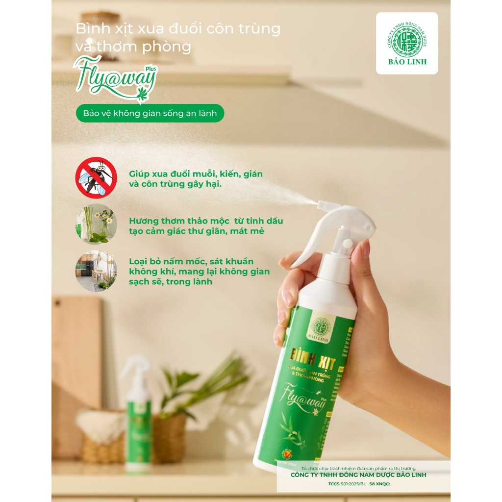 [Combo 2 Chai 300ml] Bình Xịt Đuổi Muỗi Côn Trùng, Thơm Phòng FLY@WAY PLUS Bảo Linh Chiết Xuất Thảo Dược, An Toàn Cho
