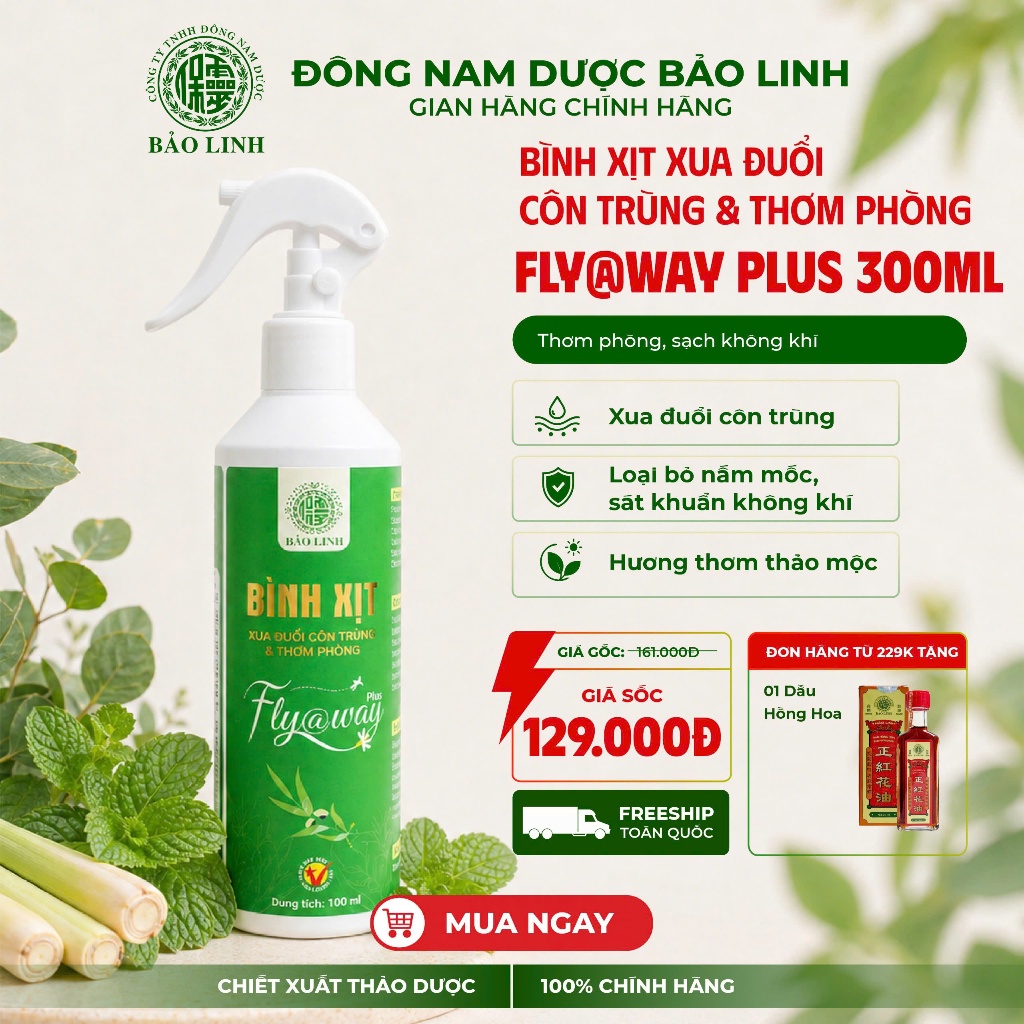 [Combo 2 Chai 300ml] Bình Xịt Đuổi Muỗi Côn Trùng, Thơm Phòng FLY@WAY PLUS Bảo Linh Chiết Xuất Thảo Dược, An Toàn Cho