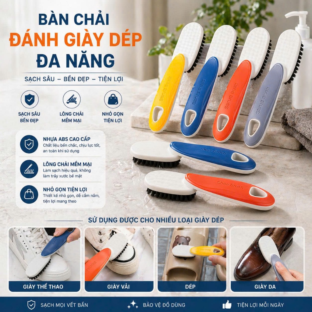 Bàn chải đánh giày dép SHOE BRUSH lông nhựa PP mềm mại, Bàn chải cầm tay đa năng giúp đánh bay các vết bẩn cực nhanh