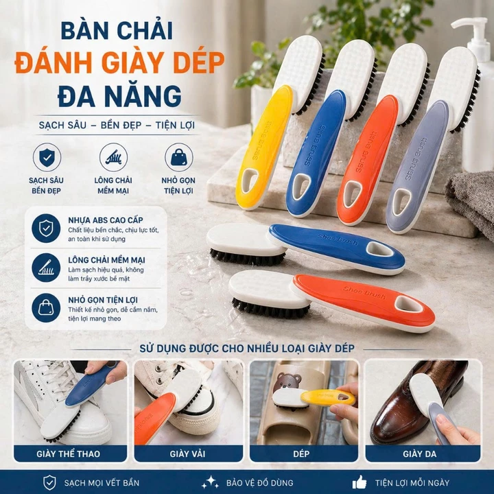 Bàn chải đánh giày dép SHOE BRUSH lông nhựa PP mềm mại, Bàn chải cầm tay đa năng giúp đánh bay các vết bẩn cực nhanh