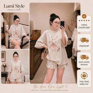 Bộ đồ ngủ nữ tay ngắn quần short thỏ dễ thương màu be form rộng thun mềm