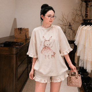 Bộ đồ ngủ nữ tay ngắn quần short thỏ dễ thương màu be form rộng thun mềm