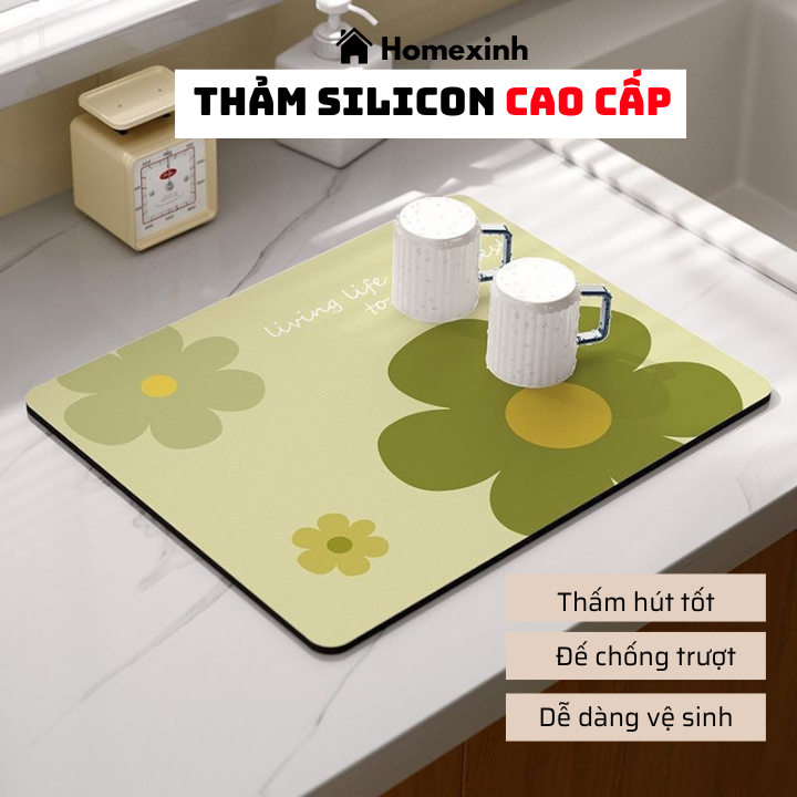 Thảm Lót Ly Silicon Thấm Hút Nước Cho Nhà Bếp, Thảm Trải Bàn Ăn Đế Cao Su Chống Trơn Trượt