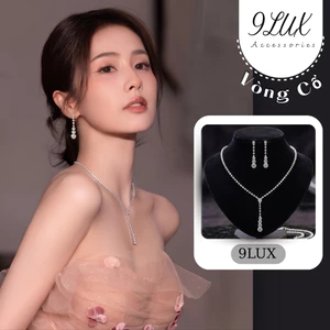 9LUX Set trang sức SET04 vòng cổ + khuyên tai đính đá đi tiệc sang chảnh ,Choker xích 2 dây mặt chữ JADI11 sang chảnh