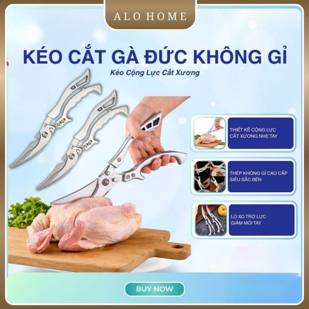 Kéo Cắt Thực Phẩm Đa Năng ALO HOME Kéo Cắt Gà Inox Lò Xo Trợ Lực Dụng Cụ Nhà Bếp