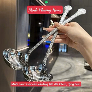 Muôi inox vân cán dài [347], inox 316 đúc đặc dày đẹp, dùng trong nồi canh sâu lòng