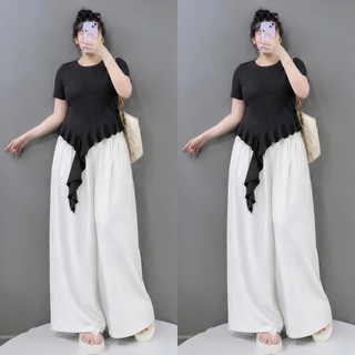 Set Bộ Bigsize Nữ Áo Thun Vạt Tua Rua Kèm Quần Ống Rộng Nữ Tính Cho Chubby A286-Q564