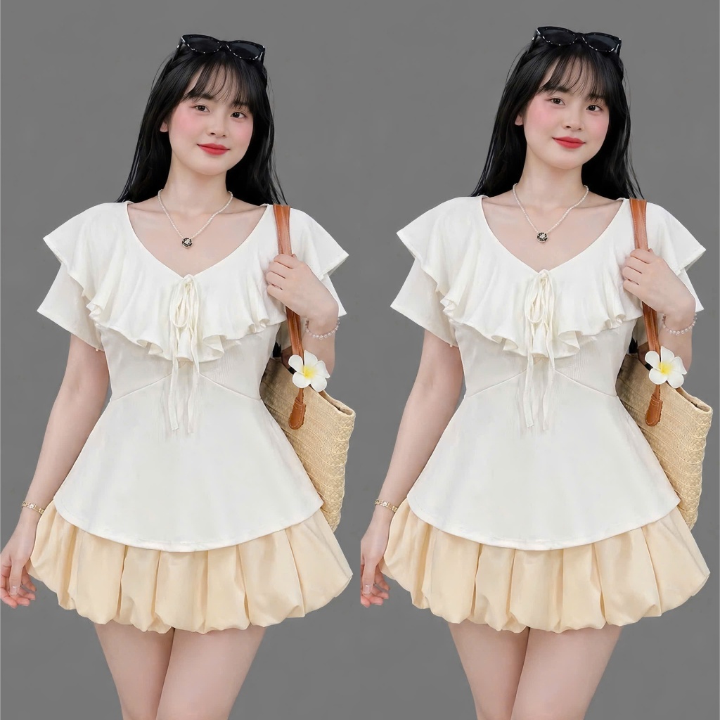 Áo Nữ Bigsize Bèo Cổ Buộc Dây – Áo Thun Tăm Co Giãn Form Dáng Vừa Che Bụng 56-92kg A349