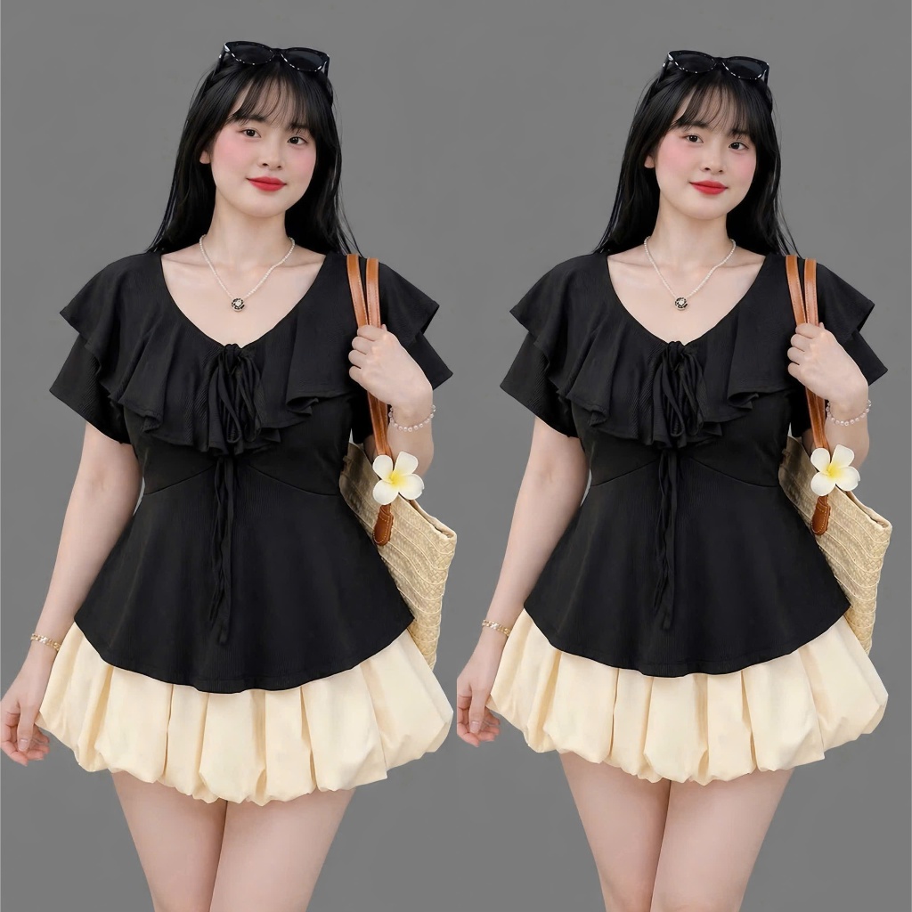 Áo Nữ Bigsize Bèo Cổ Buộc Dây – Áo Thun Tăm Co Giãn Form Dáng Vừa Che Bụng 56-92kg A349