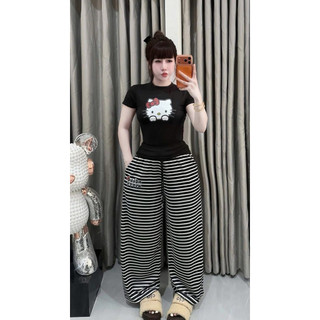 Set bộ áo bbt kitty nắm tay mix quần xuông kẻ sọc ngang đen
