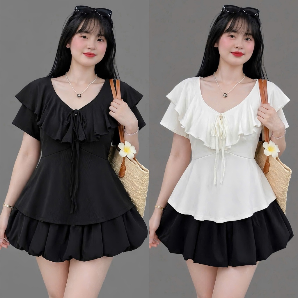 Set Bigsize Nữ Áo Bèo Ngực Phối Chân Váy Xếp Ly – Thiết Kế Tôn Dáng, Dễ Thương56-92kg A349+CV413