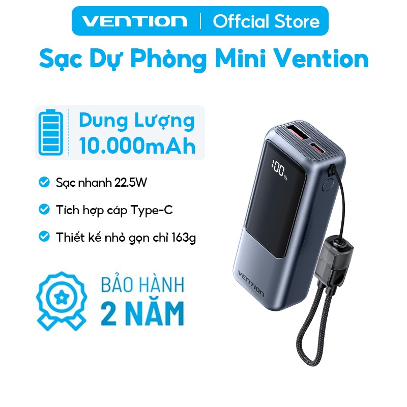 Pin Sạc Dự Phòng Mini 22.5W 10000mAh Vention Tích Hợp Dây Type C, Màn LED Hiển Thị,Hỗ Trợ Sạc Nhanh, Thiết Kế Nhỏ Gọn