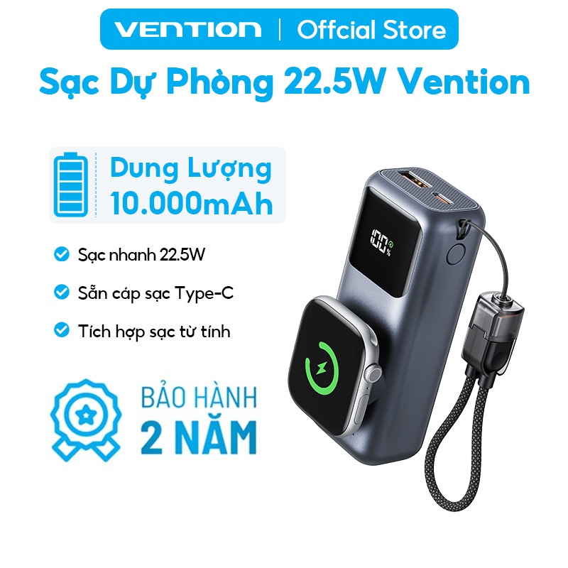 Pin Sạc Dự Phòng 10000mAh 22.5W Vention Tích Hợp Sạc Từ Tính, Sẵn Cáp Sạc Type-C Đi kèm, Thiết Kế Nhỏ Gọn