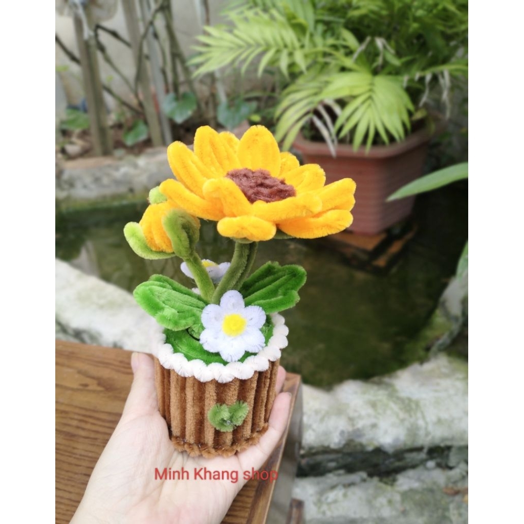 Chậu hoa để bàn mini, chậu hoa hướng dương mặt cười kẽm nhung, hoa hướng dương handmade, chậu hoa để bàn, chậu hoa mini