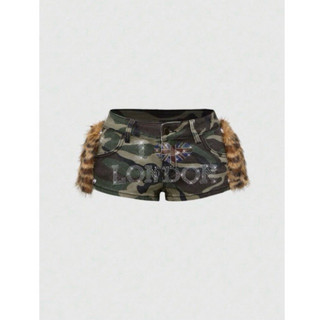 Quần short denim cạp siêu thấp viền lông hoạ tiết camo ( Hàng oder vui lòng không huỷ giúp e)