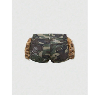 Quần short denim cạp siêu thấp viền lông hoạ tiết camo ( Hàng oder vui lòng không huỷ giúp e)