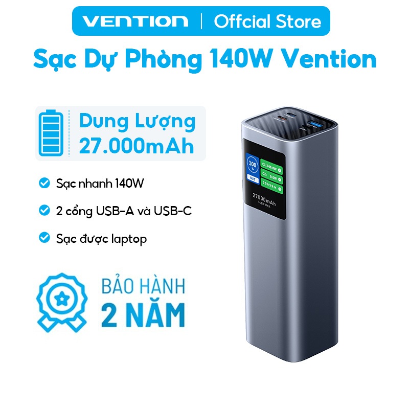 Pin Sạc Dự Phòng Vention 27000mAh 140W PD3.1 - Màn Hình TFT Hiển Thị Thông Minh - Vỏ Hợp Kim Nhôm - 3 Cổng (2C1A