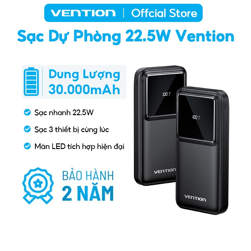 Pin Sạc Dự Phòng 30000mAh 22.5W Vention, 3 Cổng USB/Type-C/Micro, Sạc Nhanh PD3.0, Dung Lượng Lớn Cho Điện Thoại