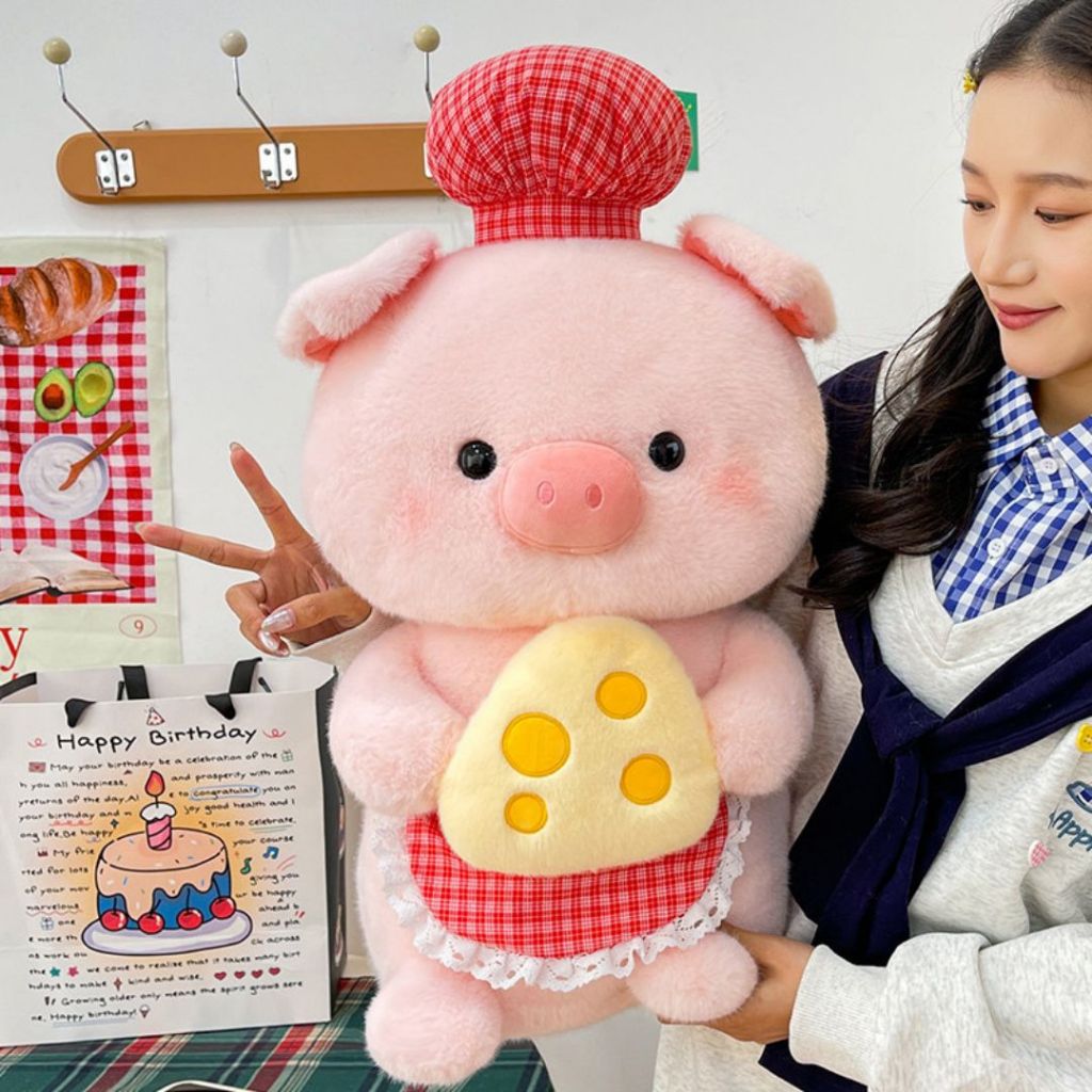 Gấu Bông Heo Đầu Bếp Ôm Phô Mai Dễ Thương, Heo Lợn Hồng Nhồi Bông Lông Tơ Mềm Mại Quà Tặng Đáng Yêu Cho Bé