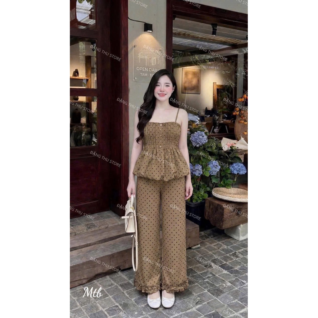 Set Bộ Quần Dài 2 Dây Cúp Xếp Ly Có Mút Đính Nút Quần Dài Ống Suông Kiểu Lai Bèo