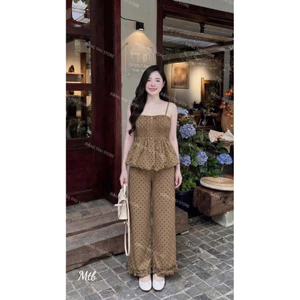 Set Bộ Quần Dài 2 Dây Cúp Xếp Ly Có Mút Đính Nút Quần Dài Ống Suông Kiểu Lai Bèo