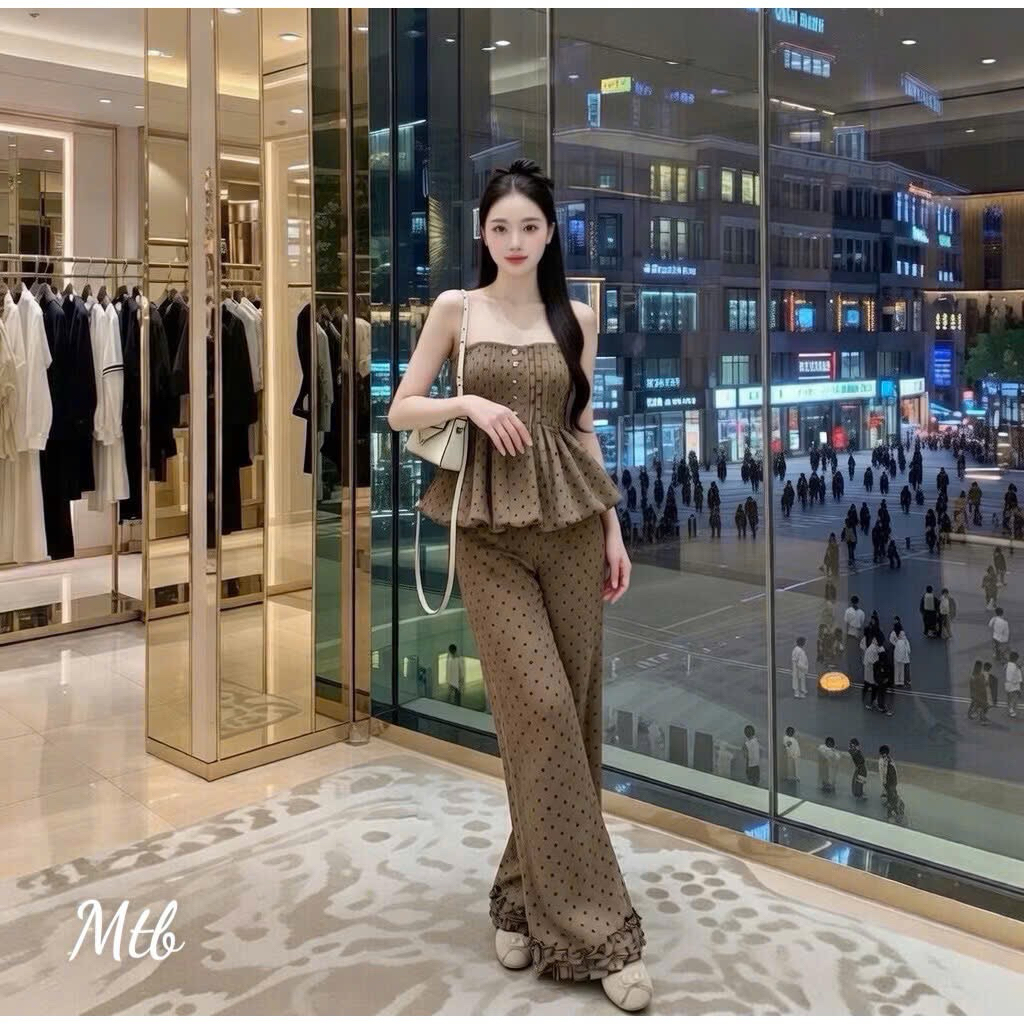 Set Bộ Quần Dài 2 Dây Cúp Xếp Ly Có Mút Đính Nút Quần Dài Ống Suông Kiểu Lai Bèo