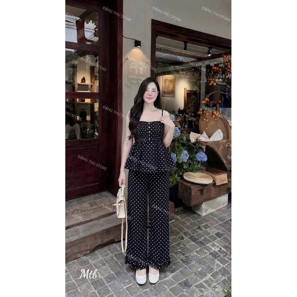Set Bộ Quần Dài 2 Dây Cúp Xếp Ly Có Mút Đính Nút Quần Dài Ống Suông Kiểu Lai Bèo