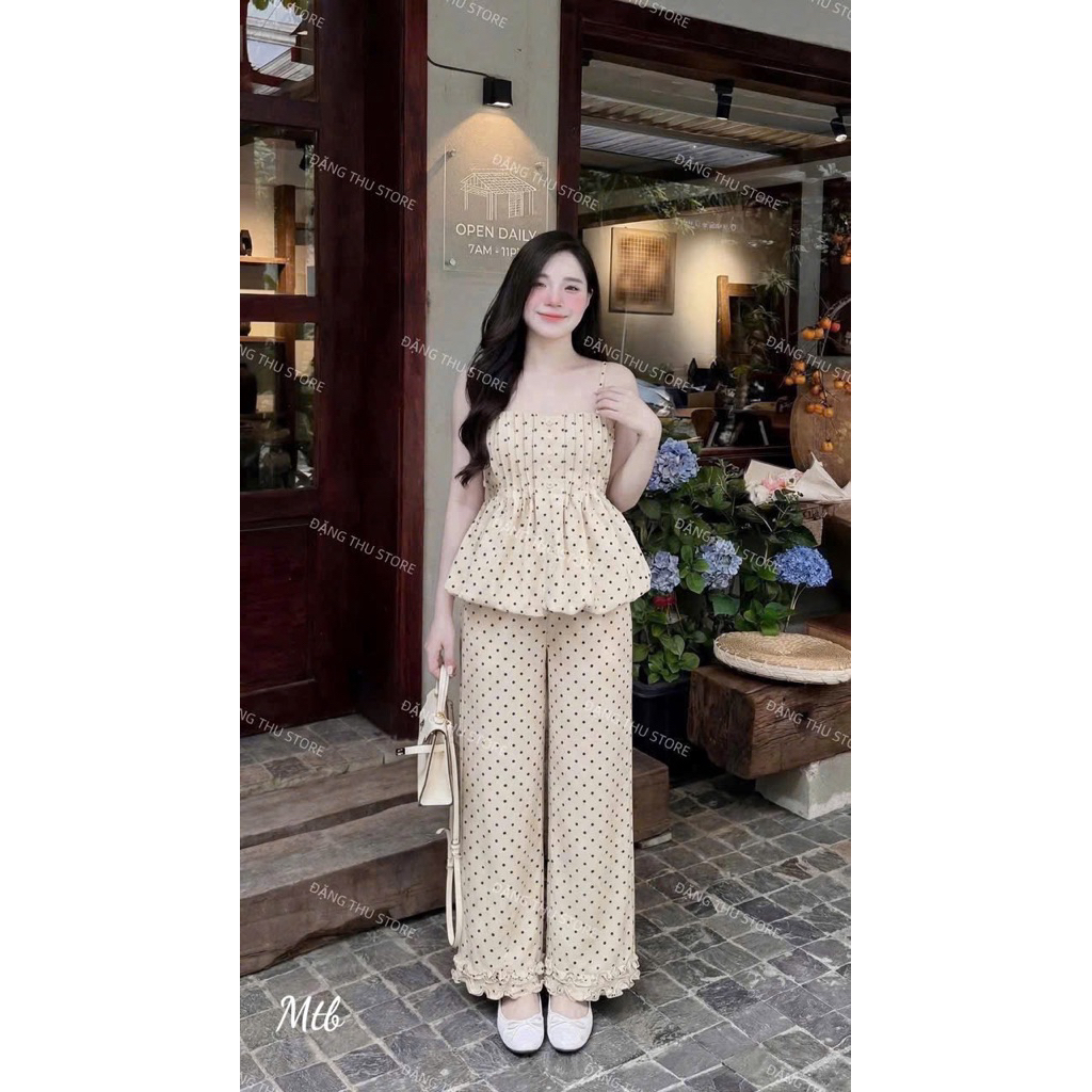 Set Bộ Quần Dài 2 Dây Cúp Xếp Ly Có Mút Đính Nút Quần Dài Ống Suông Kiểu Lai Bèo