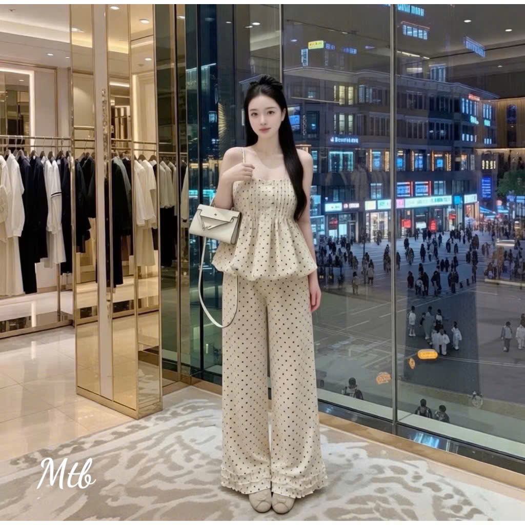 Set Bộ Quần Dài 2 Dây Cúp Xếp Ly Có Mút Đính Nút Quần Dài Ống Suông Kiểu Lai Bèo