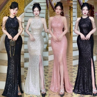 Đầm  dạ hội kim sa, đầm trung niên kết đá chuỗi vai cao cấp tko