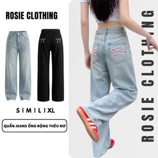 Quần Dài Jeans Nữ Thêu Nơ Xanh Mint Lưng Cạp Cao Ống Rộng Dáng Suông Chất Vải Denim Bò Jean WQJ040