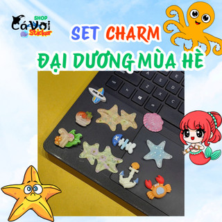 Set charm đại dương mùa hè dễ thương sao biển lấp lánh thuyền buồm cây dừa vỏ sò trang trí gắn dép phụ kiện resin mini
