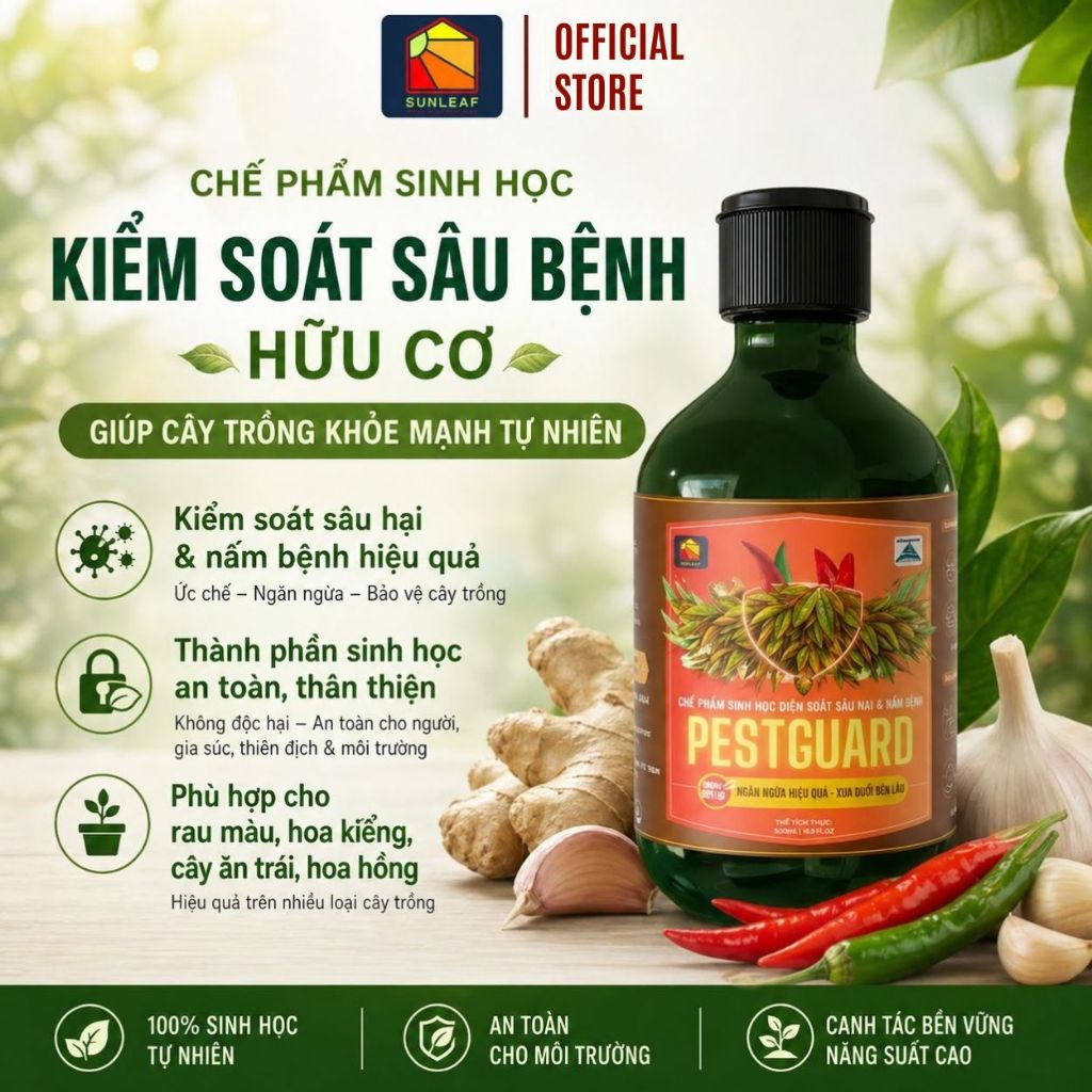Phòng Rệp Sáp Bọ Trĩ Nhện Đỏ & Ngừa Nấm | 100% Hữu Cơ Chiết Xuất Gừng Tỏi Ớt | Rau, Phong Lan, Hoa Hồng | SUNLEAF