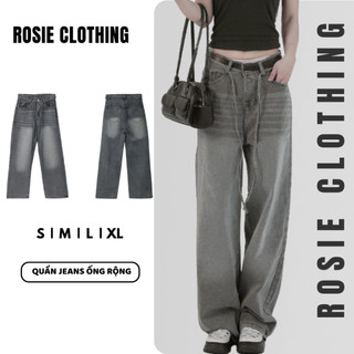Quần Dài Jeans Nữ Phối Dây Ống Rộng Lưng Wash Bụi Khói Suông Trơn Denim Bò Jean WQJ039