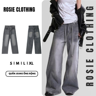 Quần Dài Jeans Nữ Phối Dây Ống Rộng Lưng Wash Bụi Khói Suông Trơn Denim Bò Jean WQJ039