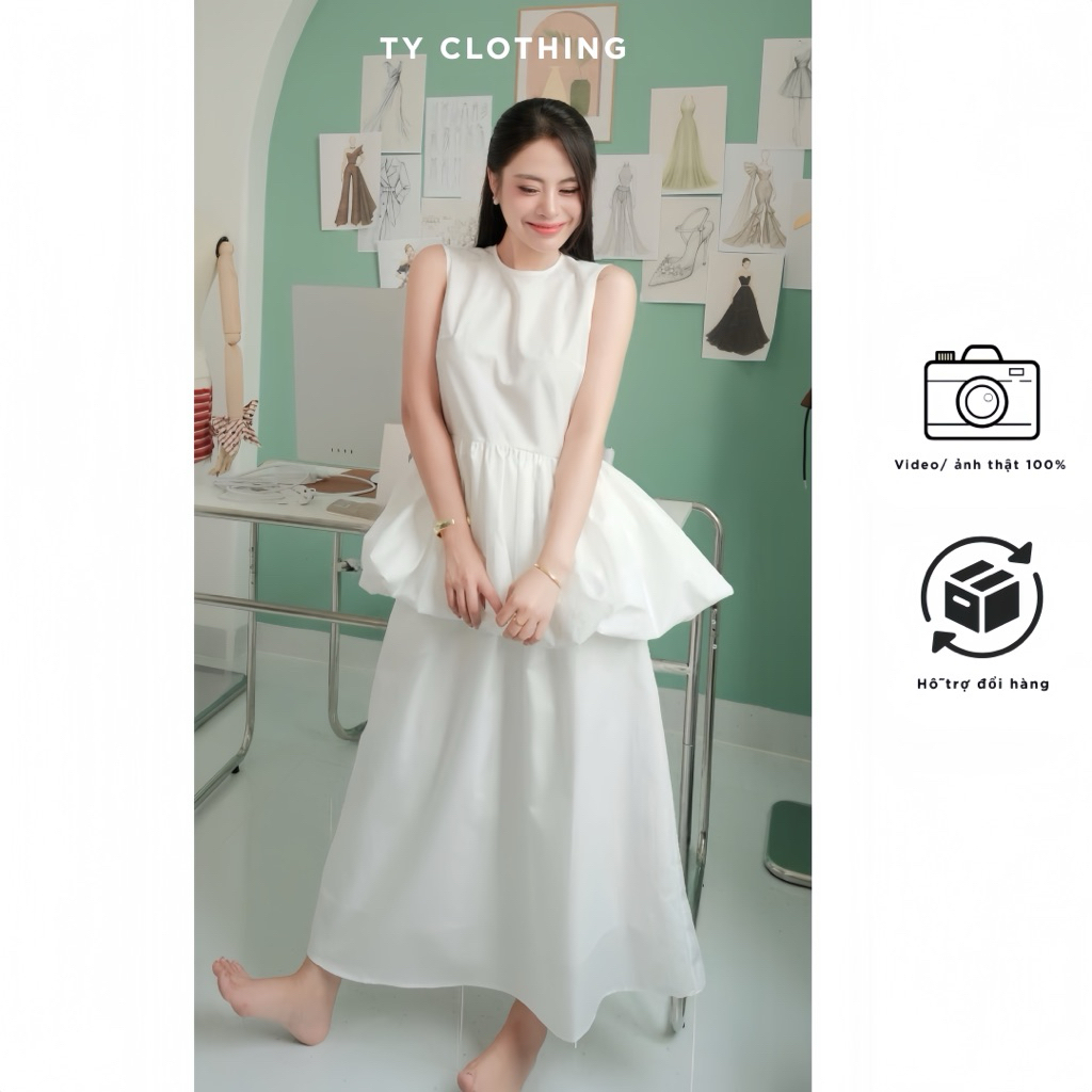 Set bèo nhún eo chân váy dài trắng - Hàng Thiết Kế - Màu Trắng-  TY CLOTHING