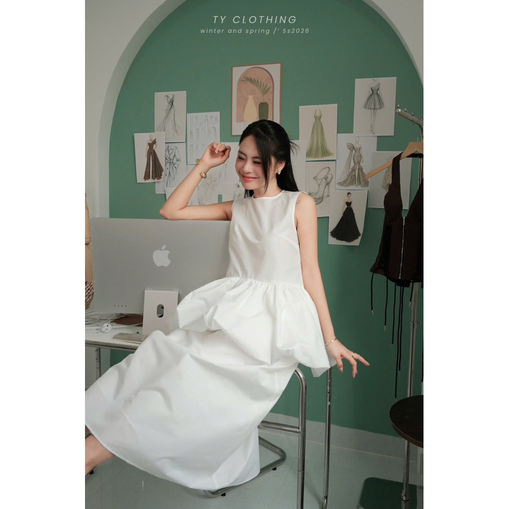 Set bèo nhún eo chân váy dài trắng - Hàng Thiết Kế - Màu Trắng-  TY CLOTHING