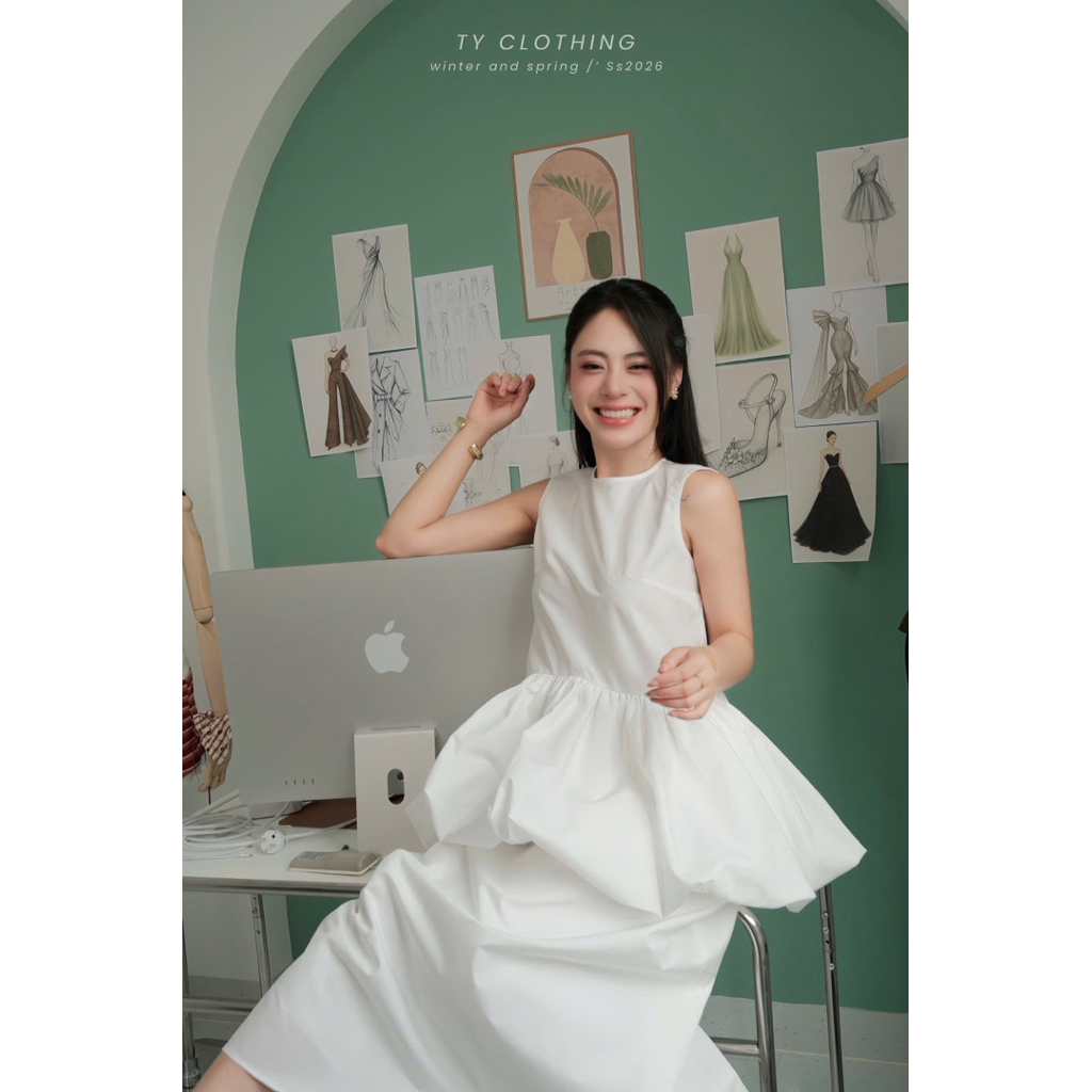 Set bèo nhún eo chân váy dài trắng - Hàng Thiết Kế - Màu Trắng-  TY CLOTHING