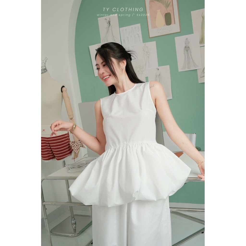 Set bèo nhún eo chân váy dài trắng - Hàng Thiết Kế - Màu Trắng-  TY CLOTHING