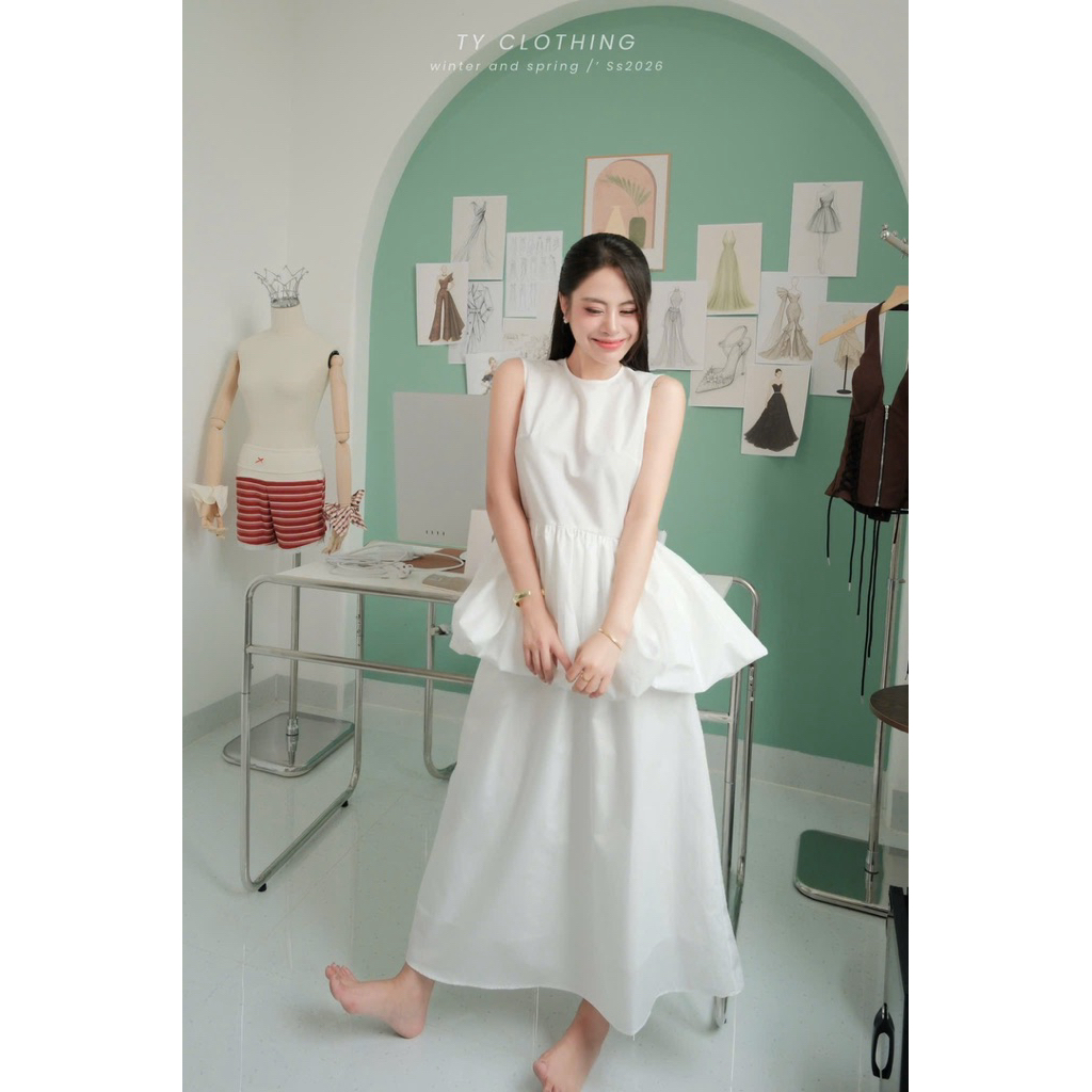 Set bèo nhún eo chân váy dài trắng - Hàng Thiết Kế - Màu Trắng-  TY CLOTHING
