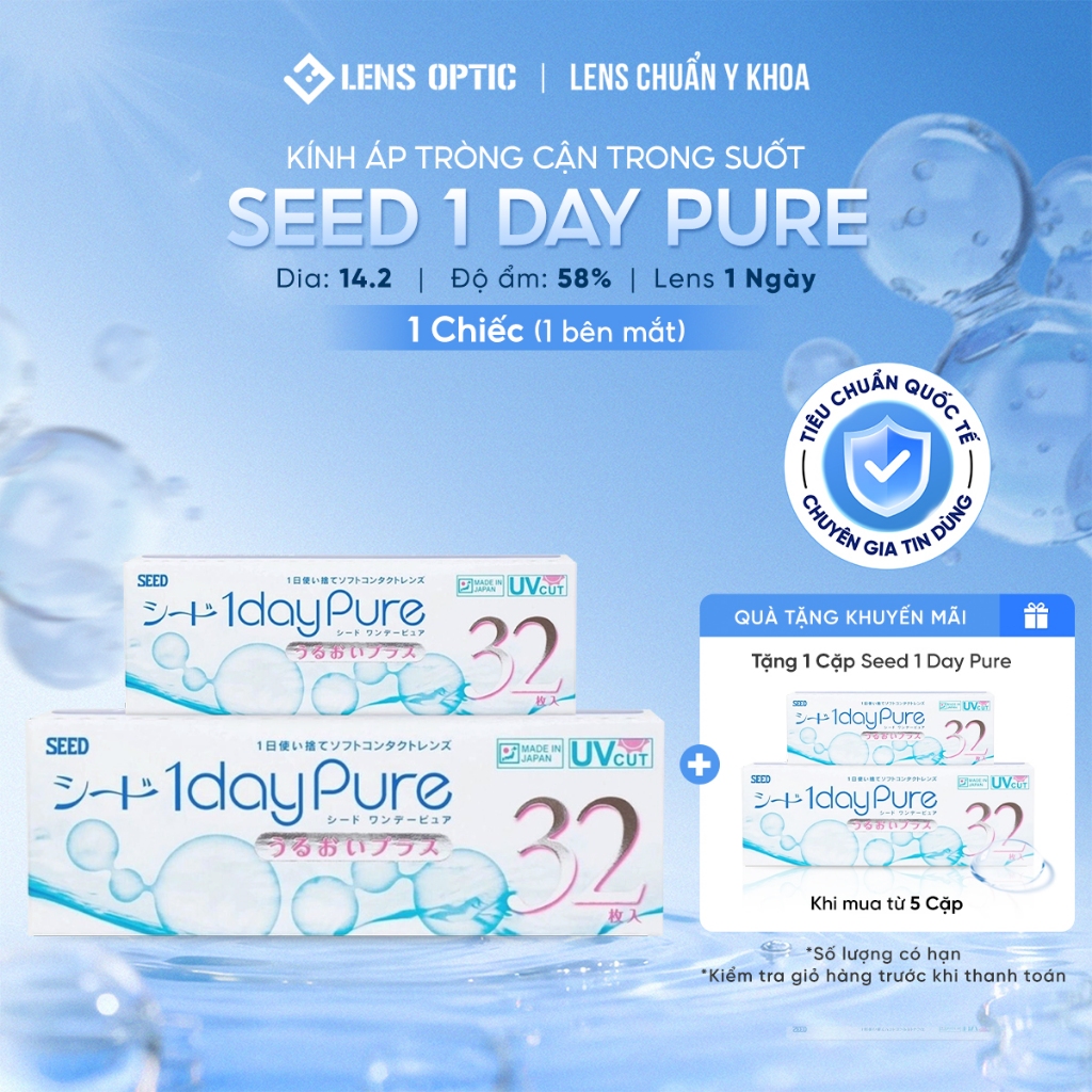 Kính Áp Tròng Cận Thị Lens Optic Trong Suốt 1 Ngày SEED Pure Chuẩn Y Tế, Siêu Mỏng Nhẹ Chống Tia UV Có Độ