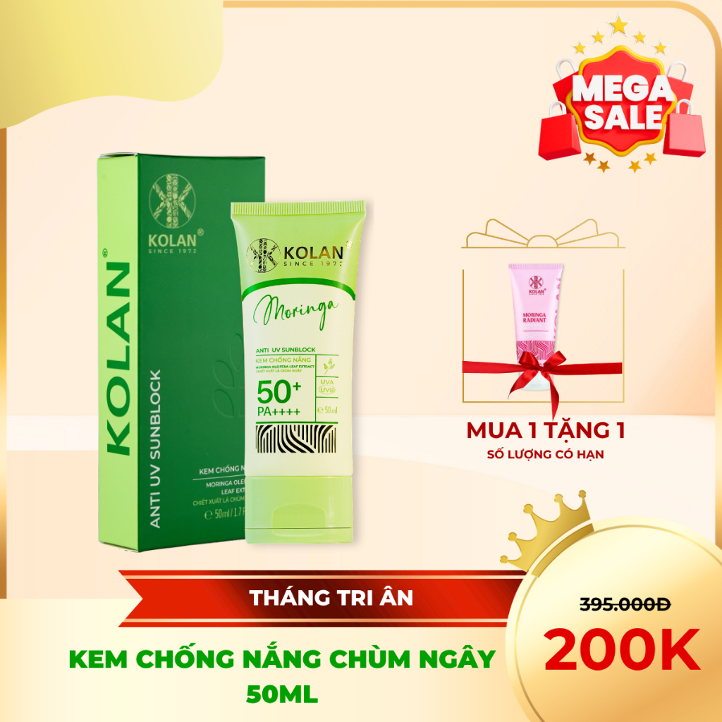Kem Chống Nắng KOLAN 50ml, Chiết Xuất Chùm Ngây, Giúp Nâng Tone, Ngăn Ngừa Tia UV, Chống Lão Hóa