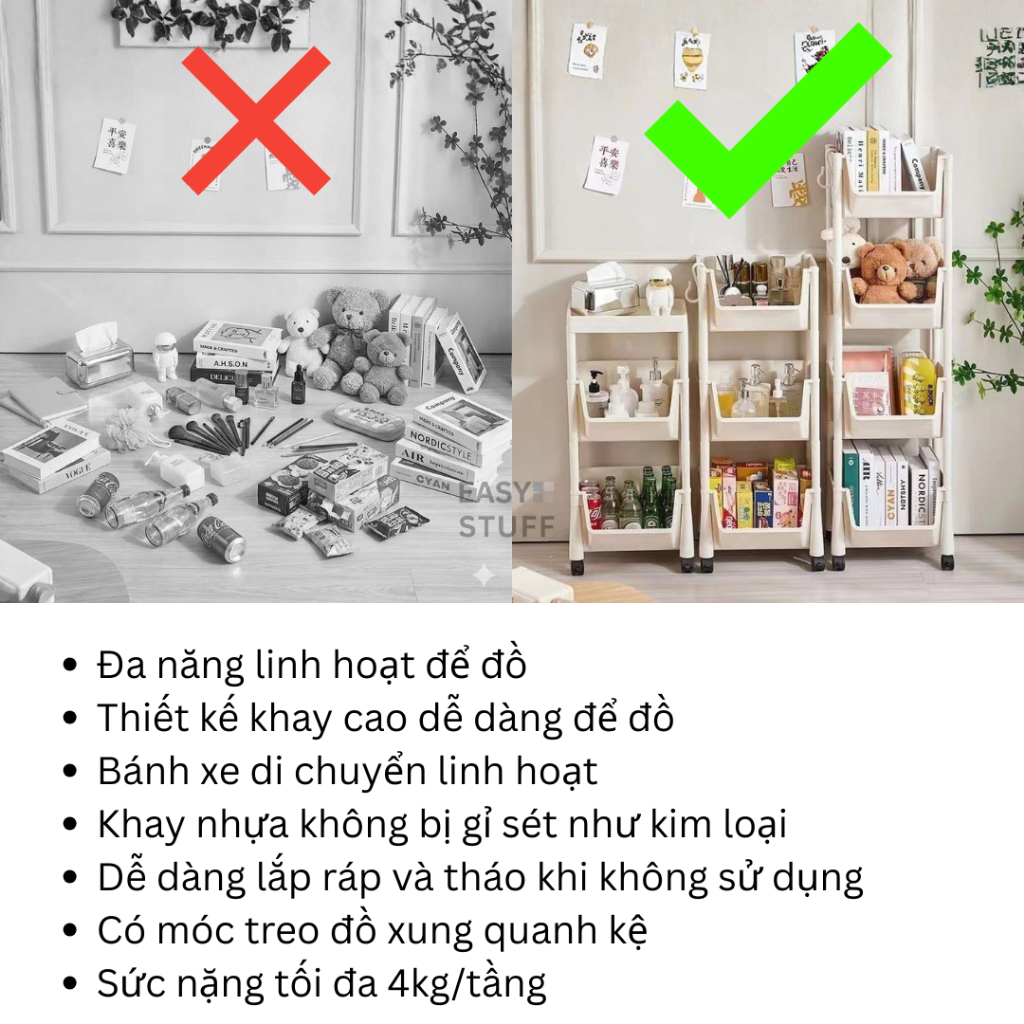 Kệ xe đẩy 2 3 4 5 tầng nhựa spa để sách vở, chai lọ, dụng cụ vệ sinh đa dụng tiện lợi Easy Stuff